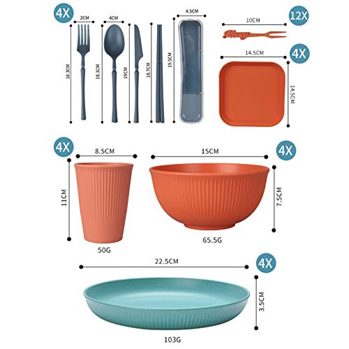 48 Pcs Dinnerware Sets, Unbreakable Plates and Bowls Sets, Reusable Dinnerware Sets for 4 People, Travel Camping Picnic Home Party Cutlery Set, Dishwasher Microwave Safe Dishes - color: Colorful, style: 48PCS