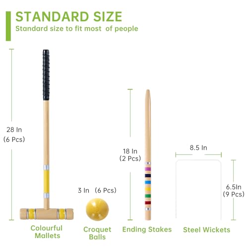 28" Croquet Set for 6 Players - Premium Wooden Mallets, Colored Balls & Carry Bag - Outdoor Games for Adults/Families at Lawn, Beach, Yard Game,Anti-Slip Handle - color: Natural Wood-with Grip Tape