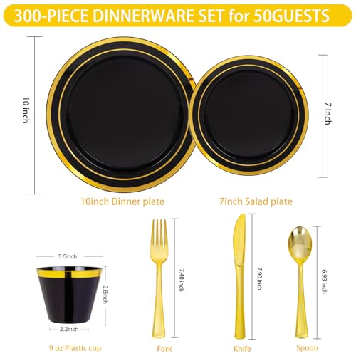 WELLIFE 300 PCS Black and Gold Dinnerware Set for 50 Guests, Disposable Plastic Plates for Party, Gold rimmed Plastic Dinner Plates,Salad Plates,Cups,Silverware Set for Halloween Party Supplies - color: Black/Gold, size: 50 Guests