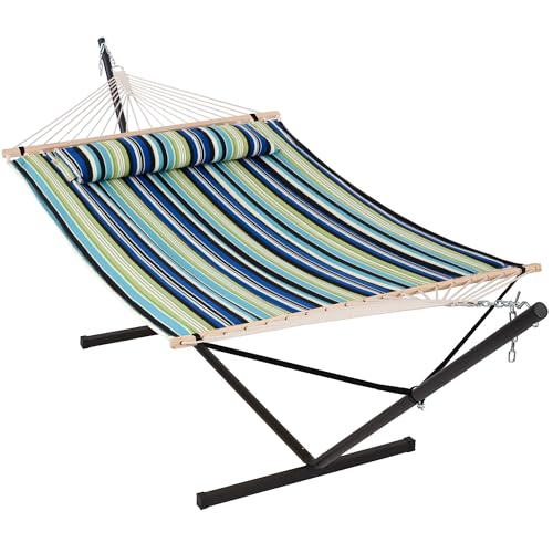 ANOW Double Hammock with Stand 12FT Included, Heavy Duty Hammock with Stand for Outside, 450 LBS Weight Capacity, Green & Blue Stripe - color: Green & Blue Stripe, size: 2 Person With Stand