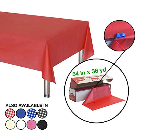 Neatiffy Disposable Plastic Table Cloth Roll | 54 in x 108 Ft Waterproof Tablecloth | Table Cover for Rectangle, Square, Round Oval Tables | Picnic, Party, Banquet, Birthdays, Weddings - Red - color: Red