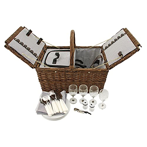 Twine Cape Cod Wicker Basket with Insulated Compartments, Service for 4 – Includes Silverware, Plates, Napkins, Wine Glasses, Shakers, and Corkscrew, Perfect for Picnic, Outdoor Party - style: Cape Cod Picnic Basket