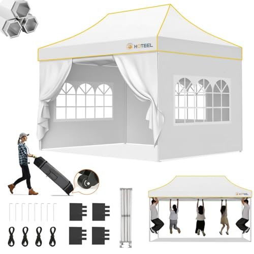 Hoteel 10x15 Pop Up Canopy Tent Heavy Duty with 4 Sidewalls, Waterproof Party Tent, Easy Set-up Commercial Instant Tents with Roller Bag & Sandbags, Hexagonal Leg (1-Year Warranty) - color: White, size: 10×15 （4 Walls）