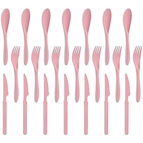 Forks Spoons Knife Set, 21 Pieces Wheat Straw Cutlery Set, Reusable Utensil Set for 7, Unbreakable and Lightweight Utensils for Party, Travel, Work, Lunch, Picnic, Camping or Daily Use (Pink) - color: Pink