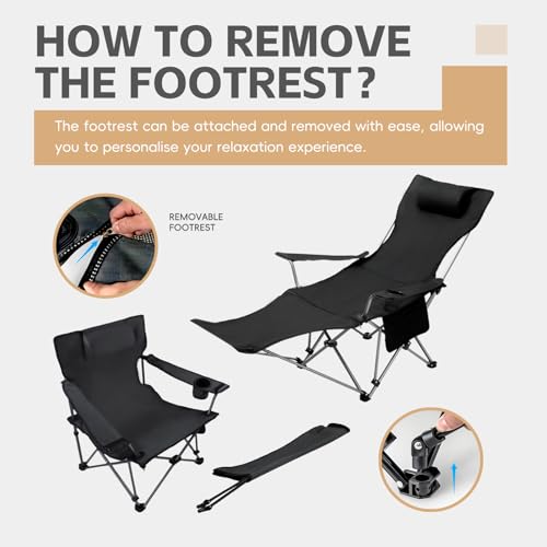 Reclining Camping Chair with Removable Footrest, Adjustable Camping Lounge Beach Chair with Padded Headrest, Cup Holder & Carry Bag, Camp Chair with Foot Rest Lawn Chairs for Camp, Fishing,Office - color: Black
