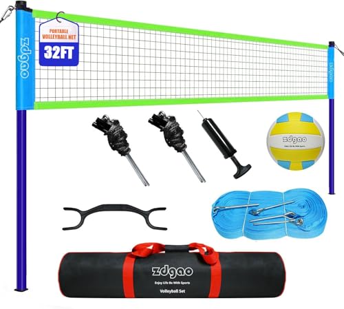Volleyball Net Outdoor - Portable Volleyball Set for Backyard with Professional Volleyball Net, Wrap Yarn Volleyball and Pump, Boundary Line, Carry Bag - style: Basic-32FT(Blue&Green)
