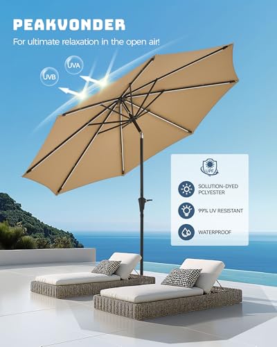 7.5/9/10 ft Outdoor Patio Umbrella with Solar Lights - Small Heavy Duty Beach/Table/Pool/Deck/Market Umbrella, Dual Charging, Tilt, APP & Button Control, UV/Fade-Resistant - color: Tan, size: 7.5 ft