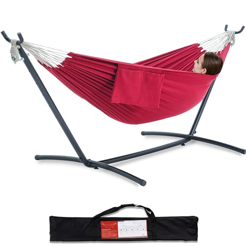 PNAEUT Double Hammocks with Stand for Outside, Portable Space Saving Heavy-Duty Steel Stand for Indoor Outdoor Patio with Carrying Bag, 450 lbs Capacity (Cherry) - color: Cherry