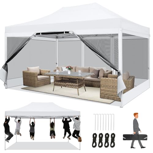 COBIZI 10x15 Heavy Duty Pop Up Canopy with 4 Sidewalls, Commercial Gazebo Party Tent with Mosquito Netting Wall Easy Set Up Outdoor Instant Screen Tent for Backyard, Patio, Garden, White - color: White, size: 10x15FT