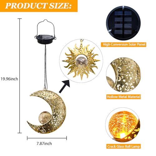 Solar Hanging Sun and Moon Lights Garden Outside Decor,2 Pack Metal Lanterns Outdoor Sunflower Art Decorations for Porch Backyard Patio Wall Tree,Unique Gardening Gifts for Women Mom Grandma