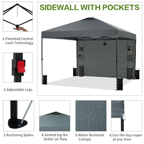 Tunbne 12'x12' Pop Up Canopy Tent with 1 Sidewall and 6 Pockets, One Push Setup, Instant Shade Tent with Vented Roof for Beach Patio Outdoor, Case, 8 Stakes, 4 Ropes, 4 Sandbags (Gray, 12x12) - color: Gray, size: 12x12