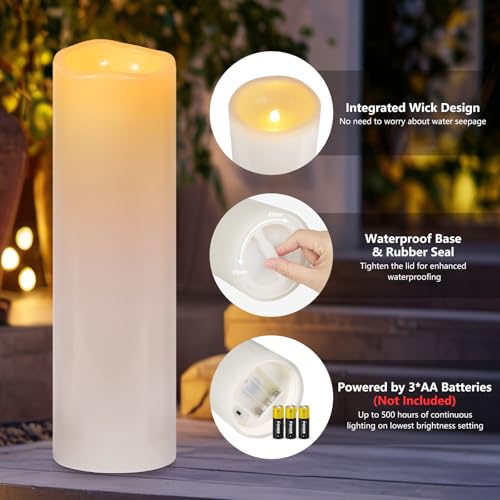 Kimjo 14" x 4" Large Outdoor Candles with Remote: Battery Operated LED Flameless Candles with Timer - Realistic Fake Waterproof Flickering Pillar Candles for Patio Porch Lanterns (White 2 Pack) - color: White