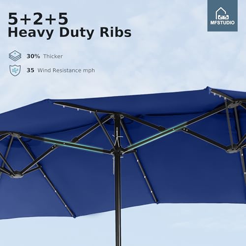 MFSTUDIO 15ft Double Sided Patio Umbrella with Solar Lights, Outdoor Large Umbrellas with Crank Handle and 36 LED Lights, Rectangular Market Umbrella with Base Included for Deck Pool Shade, Haze Blue - color: Haze Blue