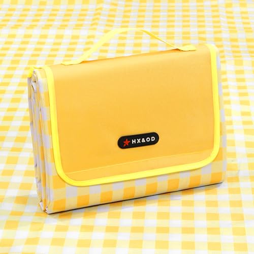 HX&OD Outdoor Picnic Blanket 80"X80" Picnic Mat Extra Large Camping Blanket Beach Blanket Foldable Waterproof Sand Mat Hiking Travel Family Concerts(Yellow) - color: Yellow, size: 80”x 80”