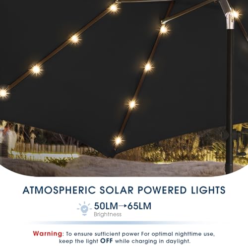 wikiwiki 9FT Solar Led Patio Umbrella with Base Included, 32 LED Lights, 8 Sturdy Ribs, Fade Resistant Waterproof POLYESTER DTY Canopy for Garden, Lawn, Deck, Backyard & Pool, Black - color: Black, size: 9FT