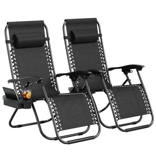 Garvee Zero Gravity Chair Set of 2, Patio Lounge Chair Outdoor with Pillow & Cup Holder Tray, Adjustable Reclining Chair, Folding Portable Camping Chair for Deck, Beach, Yard, Garden - Black - color: Black
