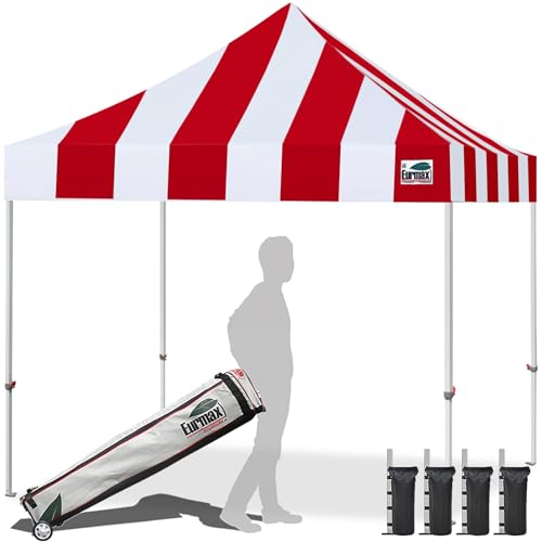 Eurmax USA 10x10ft Pop Up Canopy,Commercial Instant Tent for Outdoor Events,Patented No-Tip Rolling Storage Bag with 4 Sandbags,UV & Water Resistant,Heavy Duty Portable Shelter Gazebo,Stripe Red - color: Stripe Red, size: 10x10