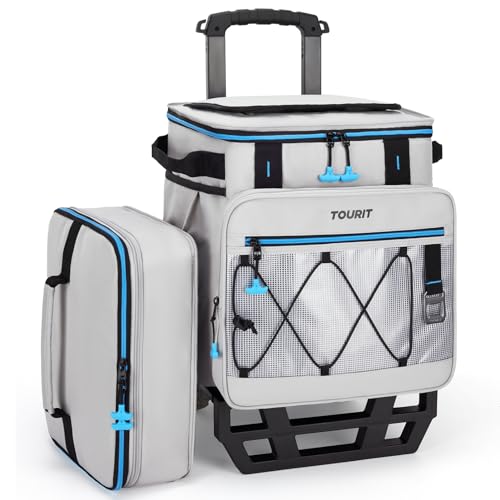 TOURIT Collapsible Cooler with Wheels, Insulated Rolling Cooler with All-Terrain Cart, Waterproof Soft Sided Cooler Bag for Beach, Picnic, Camping, Shopping, Travel - color: Light Gray, size: 75Can 44L