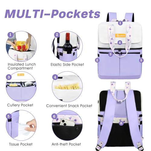 Scothen Backpack Cooler with Double Decker & 12 Ice Packs- Keeps 36 Cans Cold for Up to 24 Hours- Waterproof & Leak Proof Insulated Cooler Backpack- Stylish Cooler Bookbag for Women Travel Work Beach - color: Light purple