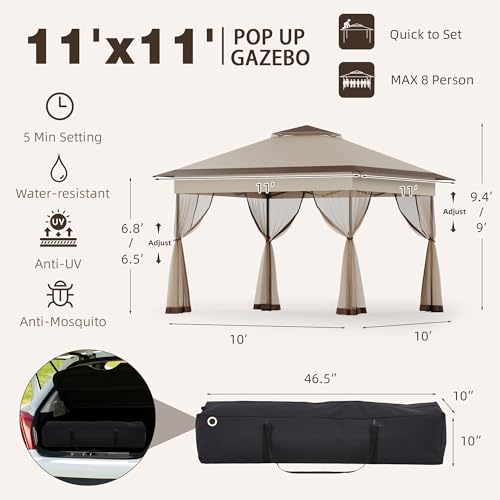 Bezseller 11x11 Pop Up Gazebo with Mosquito Netting – Easy 1-Person Setup, Water-Resistant Backyard Canopy for Family Patio & Garden Use,Khaki - color: Khaki, size: 11"x11"