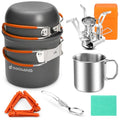 Odoland 8pcs Camping Cookware Mess Kit, Camping Pot and Pan Set with Mini Backpacking Stove, Stainless Steel Cup, Spork and Tank Bracket, Cooking Gear for Outdoor, Hiking, Picnic, Campfire - color: Red