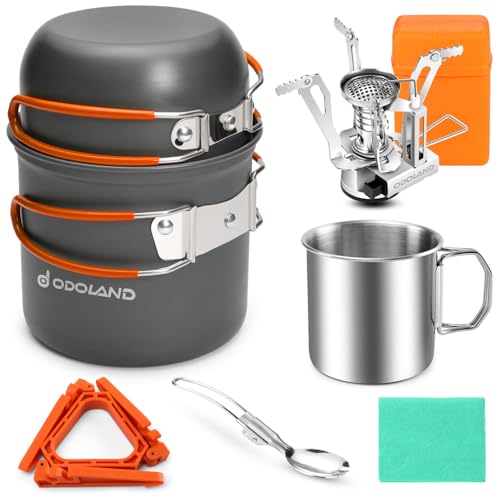Odoland 8pcs Camping Cookware Mess Kit, Camping Pot and Pan Set with Mini Backpacking Stove, Stainless Steel Cup, Spork and Tank Bracket, Cooking Gear for Outdoor, Hiking, Picnic, Campfire - color: Red