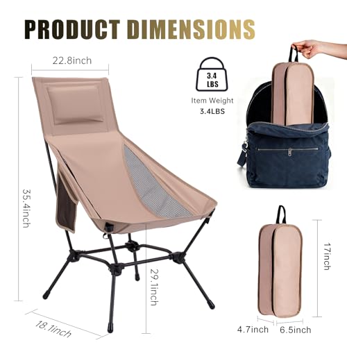 High Back Folding Camping Chair with Pillow, Lightweight Portable Chair for Adults, 2-in-1 Height Adjustment, Deep Recline, Side Pockets for Camping Motorcycle RV Backpacking - color: Khaki - High Back