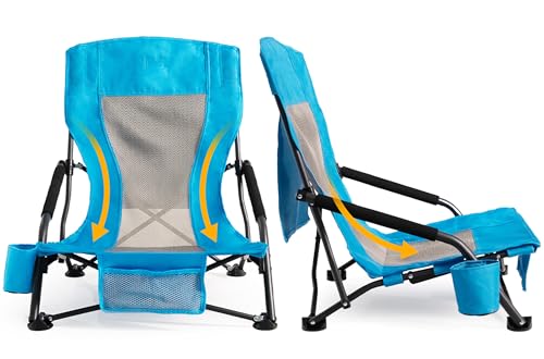 Portable Folding Beach Chair for Adults Set of 2 - Lightweight Low Back Sling Chair with Cup Holder & Storage Pocket, 300lbs Capacity Camping Chair for Outdoor Lawn (Blue) - color: Blue, size: 2 pcs