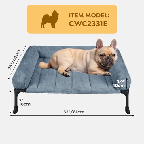 Veehoo Orthopedic Elevated Dog Bed with Fluffy Plush Bolster Cushion, Indoor Raised Dog Beds for Large Dogs, Soft Pet Sofa Cot with Removable Washable Mat, No-Slip Feet, 32 x 25 inches, Haze Blue - color: Haze Blue, size: 32.0"L x 25.0"W x 7.0"Th