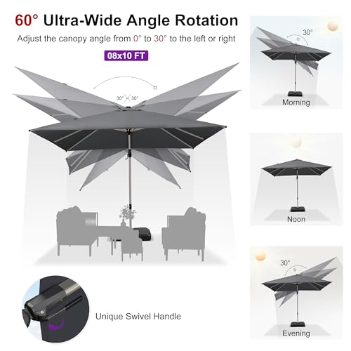 PURPLE LEAF 8' X 10' Left-right Tilting Patio Umbrella with Base Outdoor Swivel Cantilever Offset Aluminum Umbrella with Champagne Frame and 360-degree Rotation for Garden Deck Pool, Grey - color: Gray, size: 8' x 10'(Tilt)