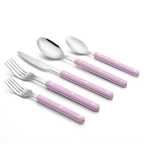ANNOVA Silverware Set, Retro/Rivet Colorful Stainless Steel Tableware Kitchen Flatware Set Utensils, Includes Dinner Knives, Forks, Spoons, Salad Forks & Dessert Spoons (Light Pink, 10 Pieces) - color: Light Pink
