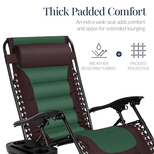 Best Choice Products Oversized Padded Zero Gravity Chair, Folding Outdoor Patio Recliner, XL Anti Gravity Lounger for Backyard w/Headrest, Cup Holder, Side Tray, Polyester Mesh - Espresso/Green - color: Espresso/Green