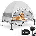 Windproof Elevated Dog Bed with Canopy & Stakes, 3-Sided 90% UV Block, Chew-Proof Teslin Mesh Mat for Large Dogs up to 150lbs(Grey X-Large) - color: Grey, size: X-Large