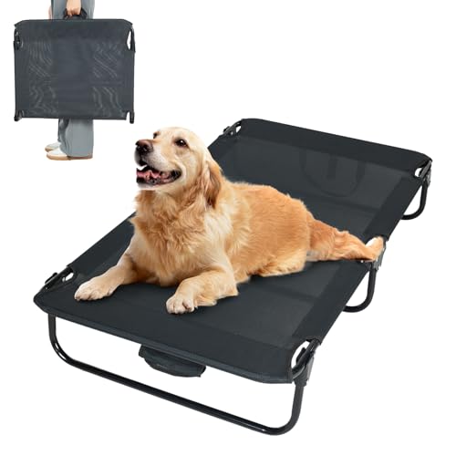everfront Elevated Dog Bed for Large Pet with No-Slip Feet, Foldable Portable Washable Raised Bed for Indoor&Outdoor Camping Dog Cot, with Cooling Waterproof Breathable Mesh (Large, Black-Textilene) - size: Large-47"x31"x9"