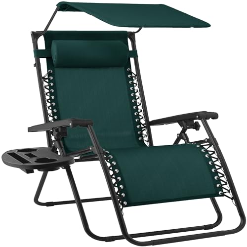 Best Choice Products 30” Wide Folding Zero Gravity Outdoor Recliner Patio Lounge Chair w/Adjustable Canopy Shade, Headrest, Side Accessory Tray - Forest Green - color: Forest Green, size: Oversized Extra Wide
