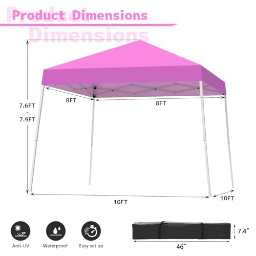 Canopy Tent, 10X10 FT Pop Up Canopy Outdoor Instant Tent Slant Legs with Carrying Bag, Portable Gazebo Shelter for Patio Deck Garden and Beach - 8X8 FT Canopy Cover (Pink) - color: Pink