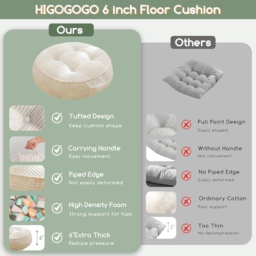 HIGOGOGO 6" Extra Thick Floor Pillow Cushion for Adults, Meditation Cushion Pillow, Large Round Floor Sitting, Tufted Corduroy Cover, for Tatami Living Room or Yoga, 22x22 Inch, Beige - color: Round Beige, size: 6" Thick(Pack of 1)