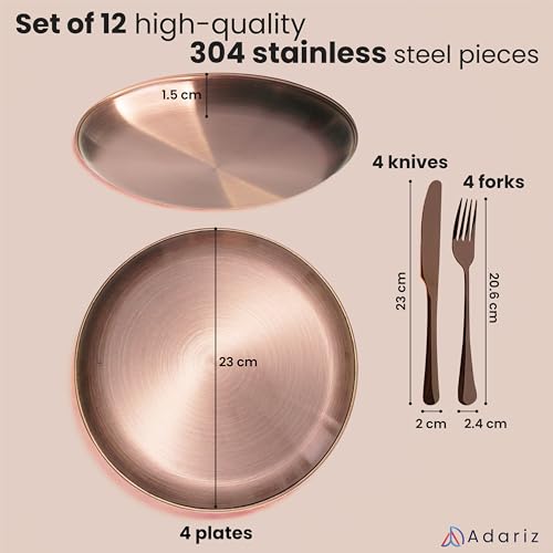 Rose Gold Stainless Steel Dinnerware Set – 12-Piece Elegant Plates, Forks & Knives for Home & Outdoor – Durable, Rust-Resistant, Lightweight, Travel-Friendly, Dishwasher Safe