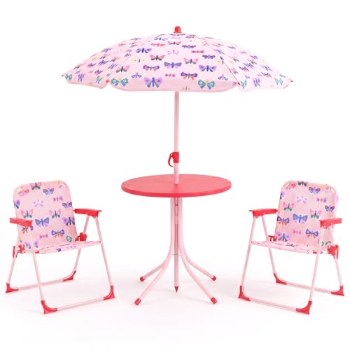 Costzon Kids Picnic Table, Kids Outdoor Table with 2 Folding Chairs, Height Adjustable Umbrella, Portable Children Outdoor Furniture for Patio, Garden, Backyard (Pink Butterfly) - color: Pink Butterfly