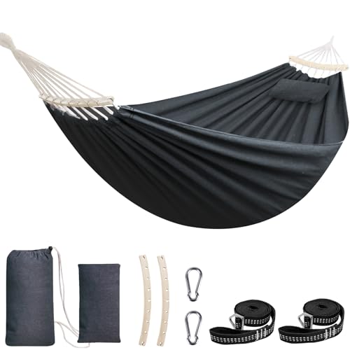 Chihee Cotton Hammock Holds Up to 660lbs Fabric Hammock 8.9x4.9ft Soft Portable Tree Hammocks Camping with Detachable Spreader Bar Pillow 2 Strong Webbings 2 Carabiners Indoor Outdoor Backyard Garden - color: Dark Grey, size: 270x150cm