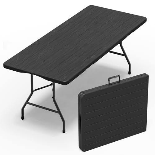 VSOAEIL Folding Table 6 Foot for Indoor Outdoor, Portable Heavy Duty Fold-in-Half Utility Plastic Foldable Dining Table with Carrying Handle for Picnic, Camping and Party, Matte Black - color: Black, size: 6 FT - 1 PACK