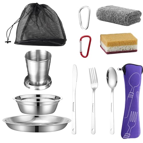 Scout Camping Mess Kits Stainless Steel Utensils Camping Dinnerware Kit Boy Scout Dishes Set Girl Scout Mess Kit with Mesh Bag Camping Cutlery Set Travel Trip School Camp Easy to Carry Clean