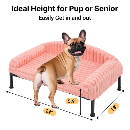 Veehoo Elevated Dog Bed with Bolster Cushion, Fluffy Plush Dog Couch Beds for Small Dogs, Cats, Washable Raised Pet Cot with Non-Slip Feet for Indoor or Patios Use, 24 x 18 Inches, Pink - color: Pink, size: 24.0"L x 18.0"W x 8.3"Th