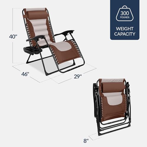 Best Choice Products Oversized Padded Zero Gravity Chair, Folding Outdoor Patio Recliner, XL Anti Gravity Lounger for Backyard w/Headrest, Cup Holder, Side Tray, Polyester Mesh - Brown/Oyster - color: Brown/Oyster