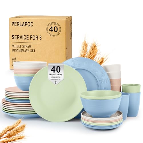 40 PCS Wheat Straw Dinnerware Sets Unbreakable Dishes Set for 8 Plastic Plates and Bowls Sets with Cups Dishwasher & Microwave Safe - Colorful - color: Colorful, size: 40 PCS
