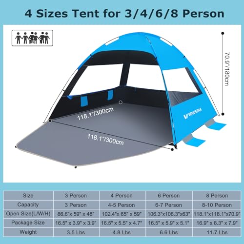 Venustas Beach Tent Sun Shelter for 3/4/6/8 Person, UPF 50+ UV Protection Beach Canopy, Lightweight and Easy Setup Cabana, Portable Shade Tent - color: Dark Shelter-Sky Blue, size: 8 Person