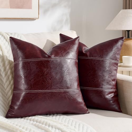 Fancy Homi 2 Packs Burgundy Faux Leather Decorative Throw Pillow Covers 18x18 Inch for Living Room Couch Bed Sofa, Farmhouse Boho Home Decor, Wine Red Hand Stitched Accent Square Cushion Case 45x45 cm - color: Burgundy, size: 18" x 18" (Pack of 2)