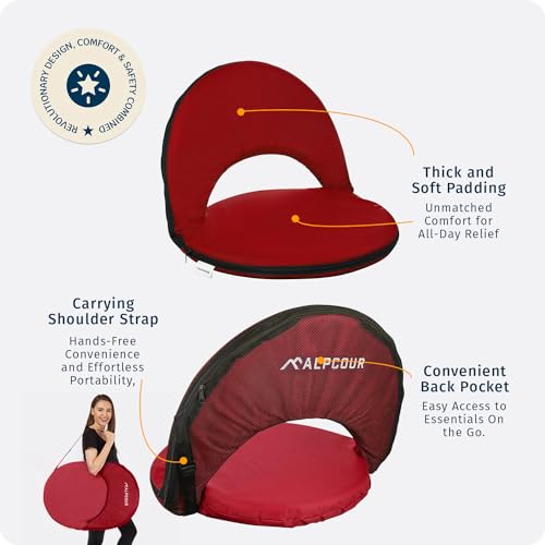 Alpcour Folding Stadium Seat – Deluxe Outdoor Camping Reclining Waterproof Cushion Chair for Bleachers – Best 6-Position Back Support Picnic Bleacher Seats w/Extra Thick Padding for Support & Comfort - color: Red