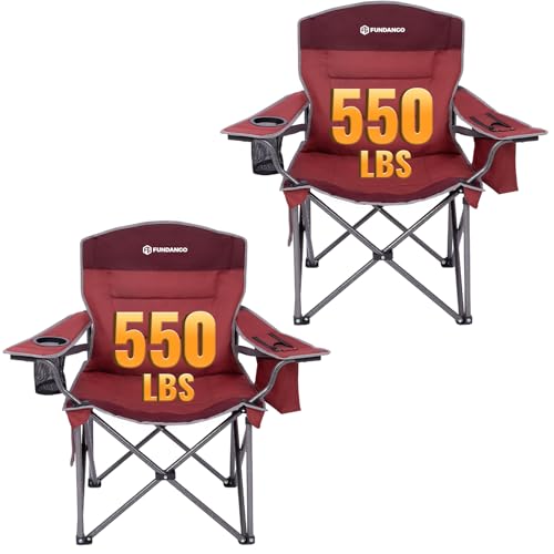 FUNDANGO Oversized Camping Chairs for Adults, Heavy Duty Fold Up Sports Games Lawn Chairs, Extra Wide Big Man Outdoor Chairs with Padded Lumbar Support Backrest, Bag Included for Camp, Beach, 2 Pack - color: Red/Grey With Lumber Support 2 Pack