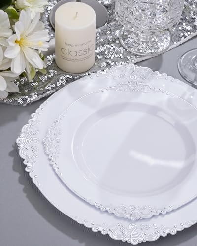 Nervure 350PCS Silver Plastic Plates - Silver Plastic Dinnerware Sets for 50 Guests - 100 Disposable Plates, 150 Silverware, 50 Cups, 50 Napkins for Wedding & Party - color: White and Silver